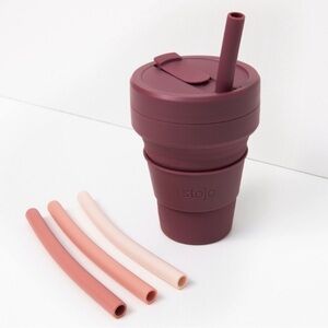 🆕 Stojo Collapsible Cup with 4 Reusable Straws Burgundy Plum Magenta Dusty Rose